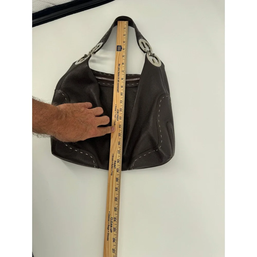 Vintage Escada Hobo Bag Purse L Brown Pebbled Leather Whipstitch Silver Italy